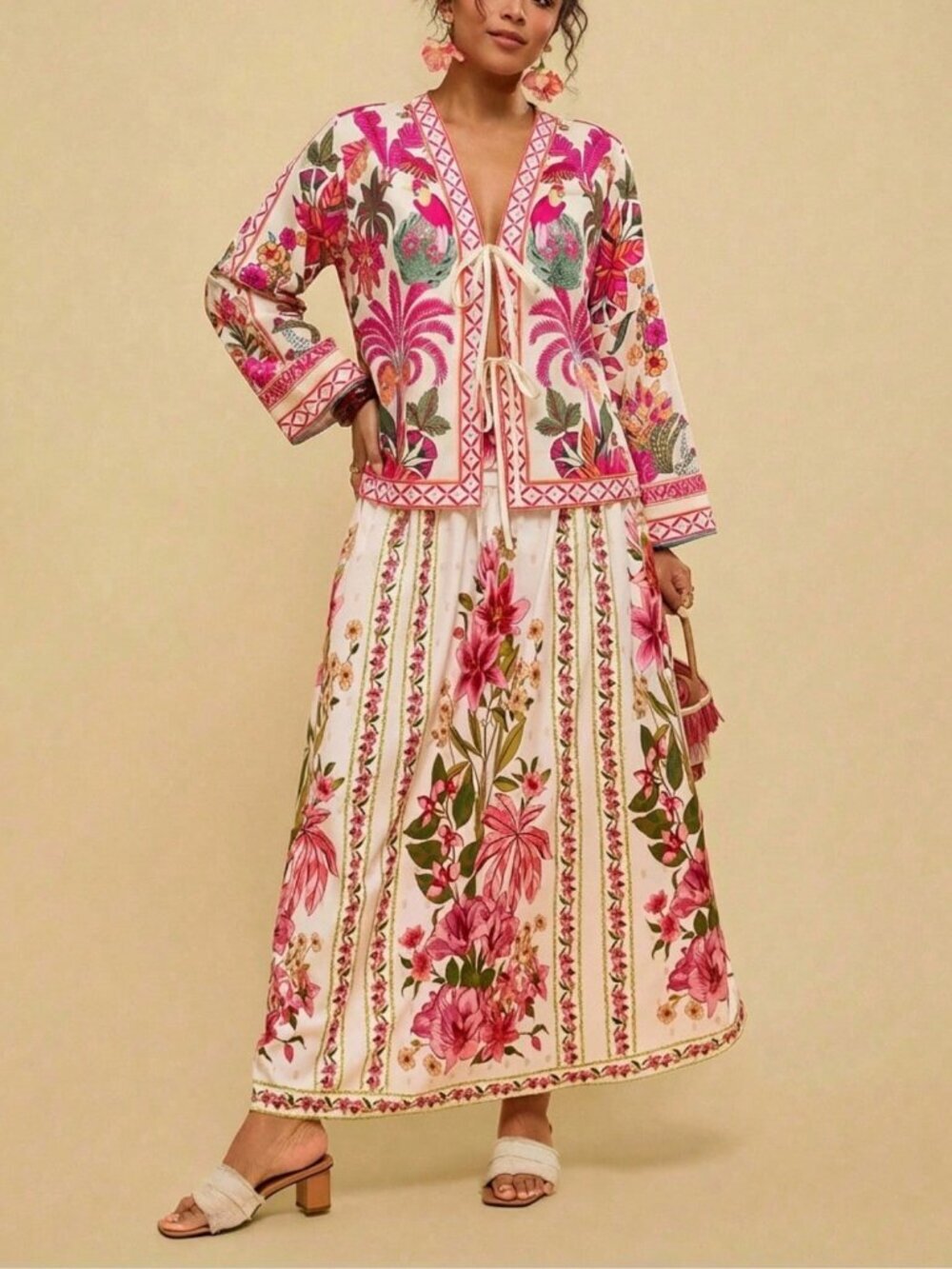 Hot Pink Boho Women's Print Tie Front Casual Plus Size Blouse - Picture 7 of 7